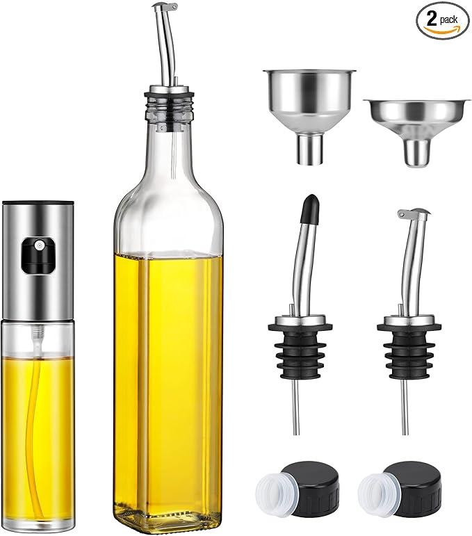 Olive Oil Dispenser 17 OZ and Oil Sprayer for Cooking - Vinegar Cruet Bottle Set for Kitchen - Glass container with Drip-Free Stainless Steel Spout - Oil Mister for Air Fryer, Salad