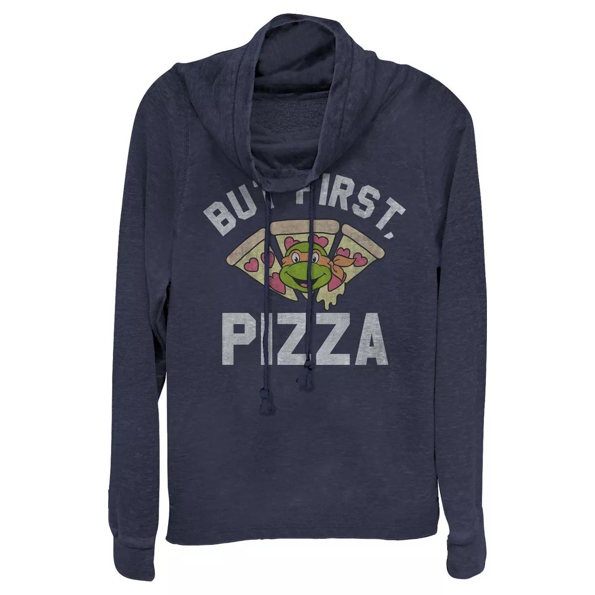Juniors Womens Teenage Mutant Ninja Turtles But First Pizza Cowl Neck Sweatshirt