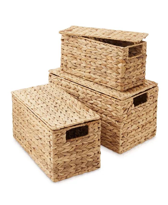 Set of 3 Water Hyacinth Storage Baskets with Lids, Natural - Small, Medium, Large - Decorative Bins for Bathroom, Closets, Laundry, Shelves