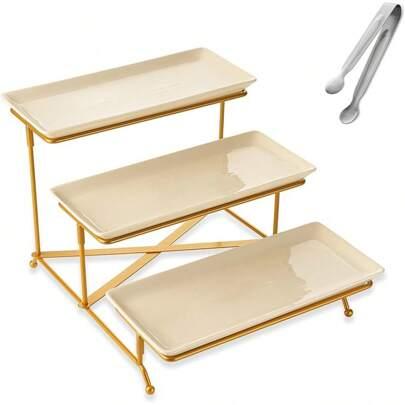 YOLIFE 3 Tier Serving Tray For Party, Display Fruit Dessert Tiered Tray Stand, 14 Inch Beige Platters With Collapsible Sturdier Gold Iron Rack