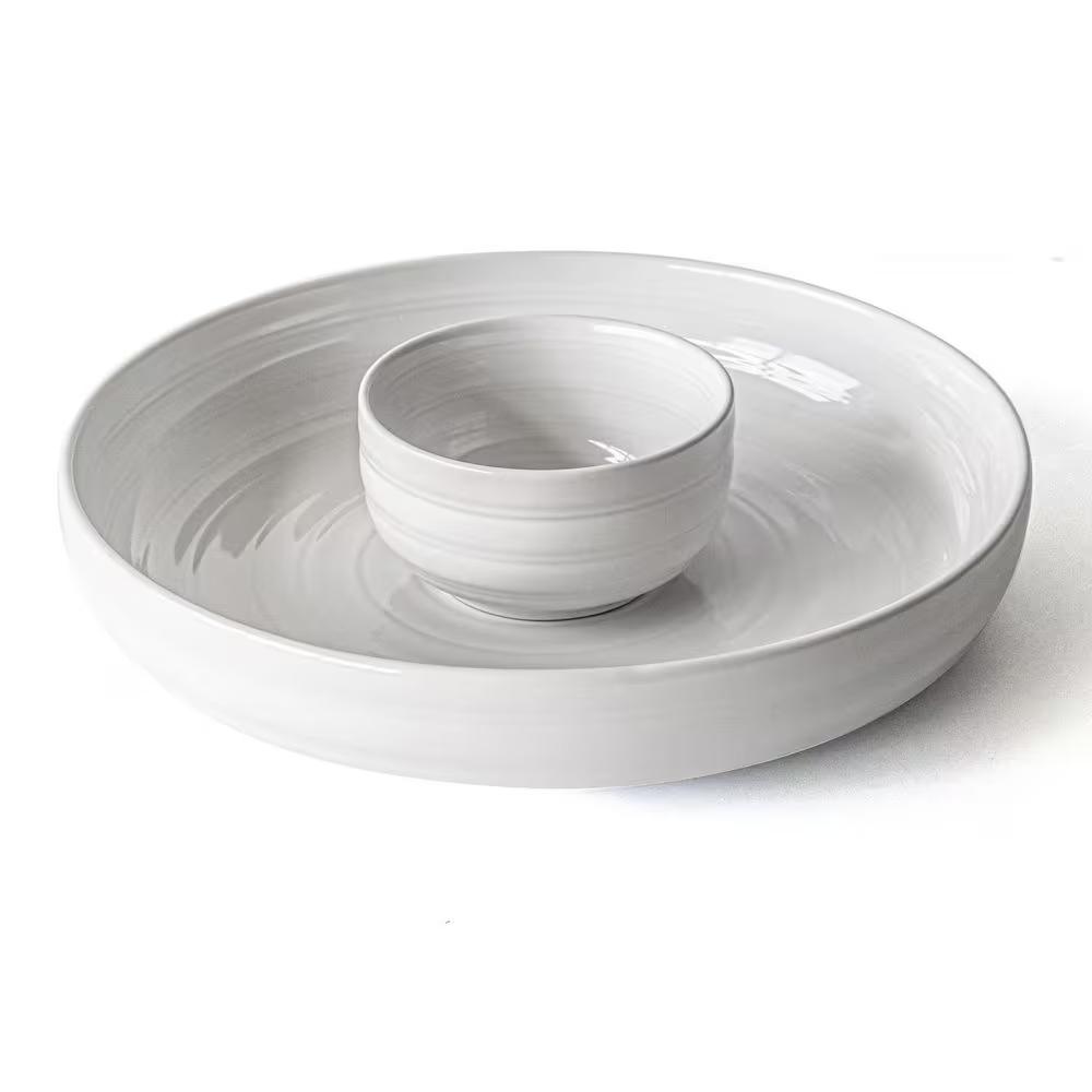 12.99 in. White Stoneware Serving Bowl Round Chip and Dip