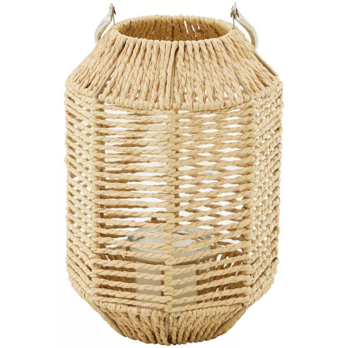 12'' x 7'' Paper Candle Lantern with Glass Holder and Handle Brown - Storied Home