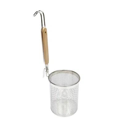 Kitchen 201 Stainless Steel Pasta Basket Mesh Spider Food Dumpling Noodle Strainer, with Wooden Handle 5" X 5.6" X 15"