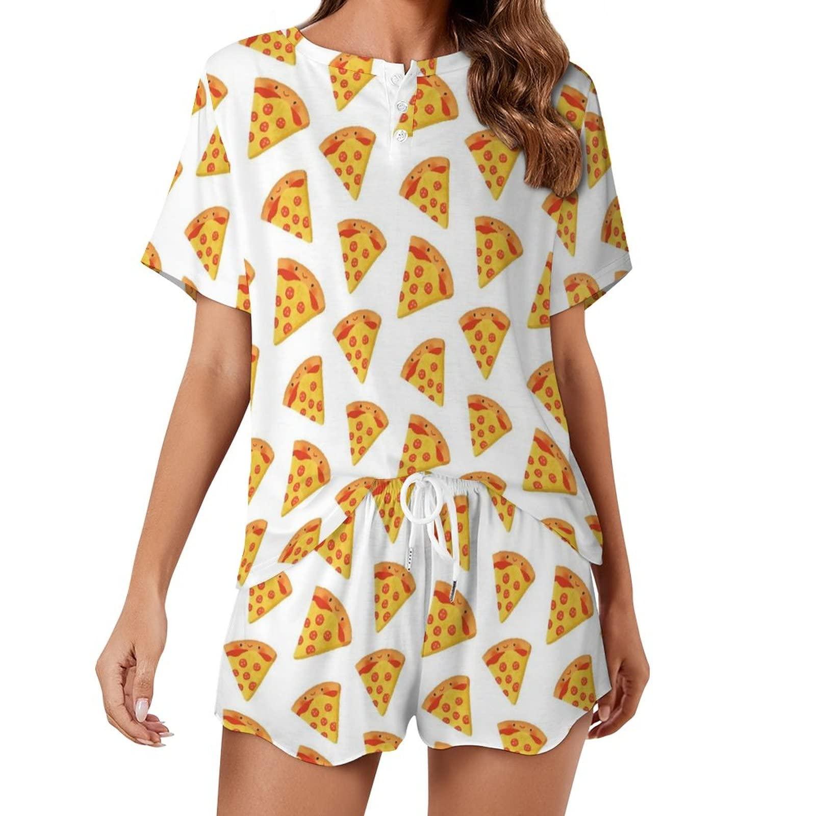 Happy Pizza Women's Two Piece Pajamas Set Short Sleeve Top and Shorts Sleepwear