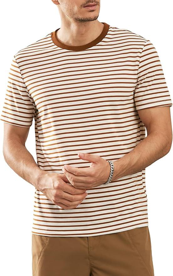 Verdusa Men's Casual Stripe Print Tee Tops Round Neck Short Sleeve T Shirt