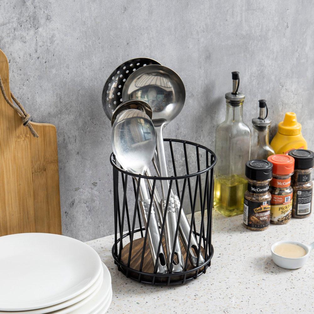 Metal Wire Wood Base Utensil Crock