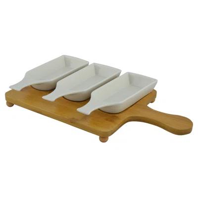 3 Compartment Ceramic Condiment Serveware with Bamboo Tray