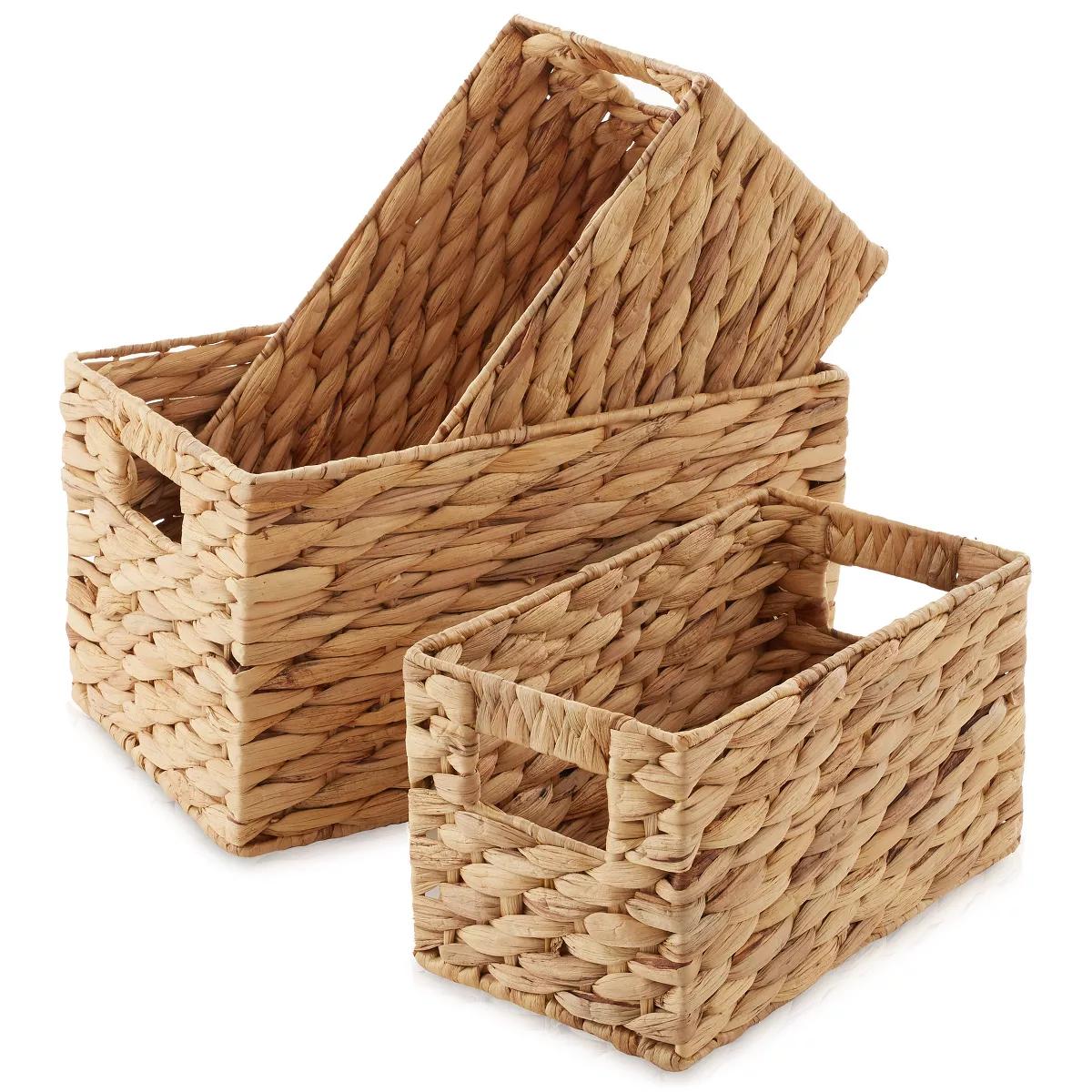Casafield Set of 3 Water Hyacinth Storage Baskets with Handles - Small, Medium, and Large Woven Nesting Storage Bin Organizers for Shelve