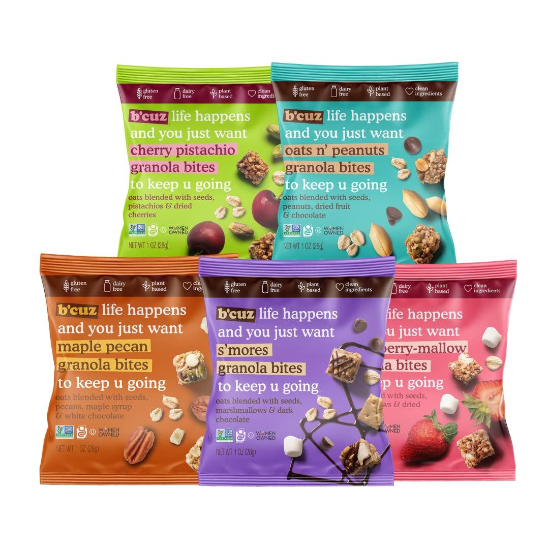 B'cuz Granola Bites 16-Bag Gluten Free Healthy Snacks for Adults, Healthy Granola Gluten Free Snack - Kosher Snacks for Kids, Vegan Snack, Individually Wrapped Snack Packs - 1 oz (Variety Pack (16-Bags))
