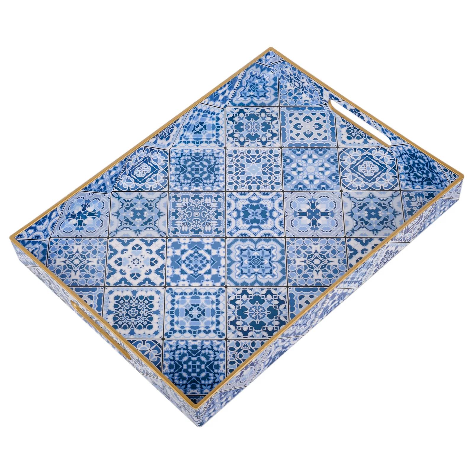 Decorative Plastic Serving Trays with Handles for Living Room, Coffee Table, Ottoman, Bathroom, Kitchen, 15.7”*11.8”*1.6", Boho Blue