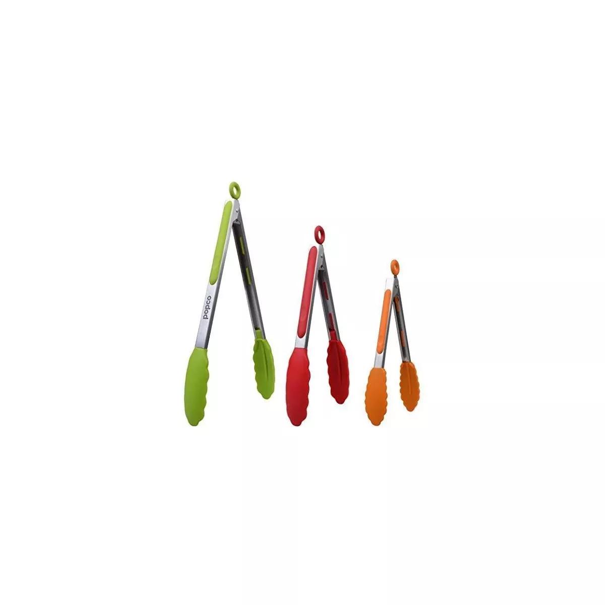 Popco 7x9x12" Stainless Steel BBQ Tongs with Silicone Tips- 3 Pieces, Multicolored