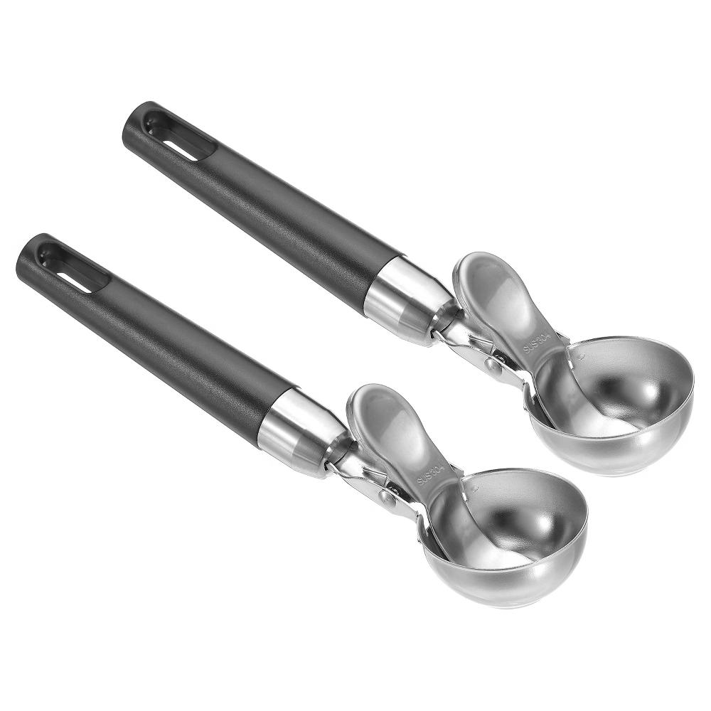 Unique Bargains Stainless Steel with Spring Thumb Trigger Ice Cream Scoop 4 Ounce Black 2 Pcs