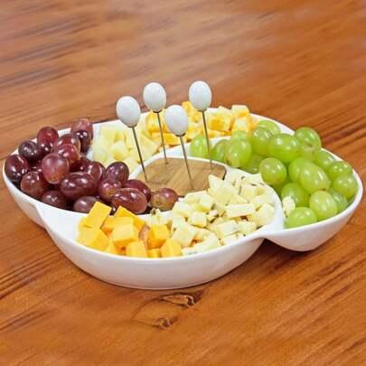 White Ceramic Decorative Platter With Food Pick And Wood Holder, Tabletop Charcuterie Platter Appetizer Olive Bowl Serving Tray