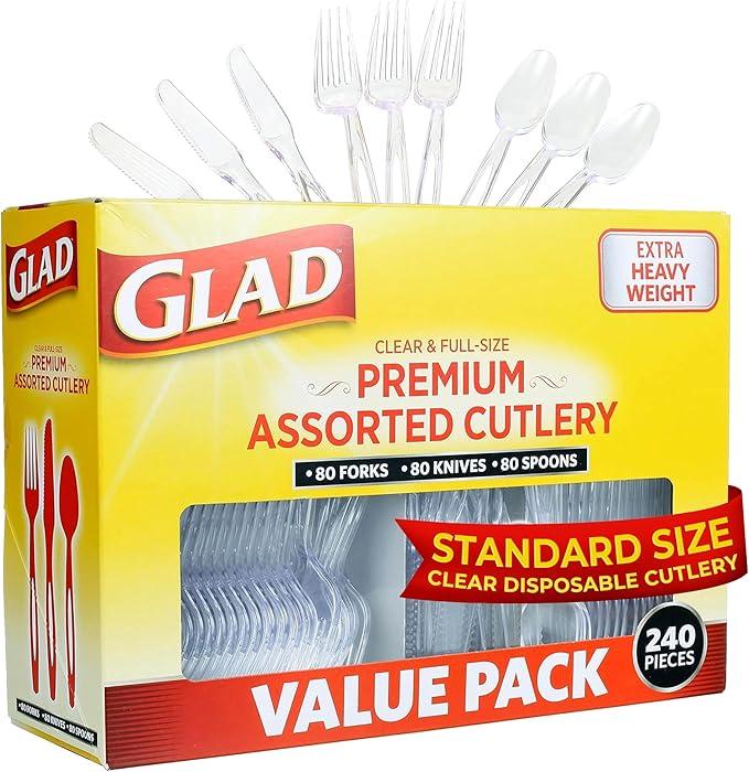Glad Disposable Cutlery Set - Clear Heavy Duty Plastic Forks, Knives, and Spoons - 240 Piece
