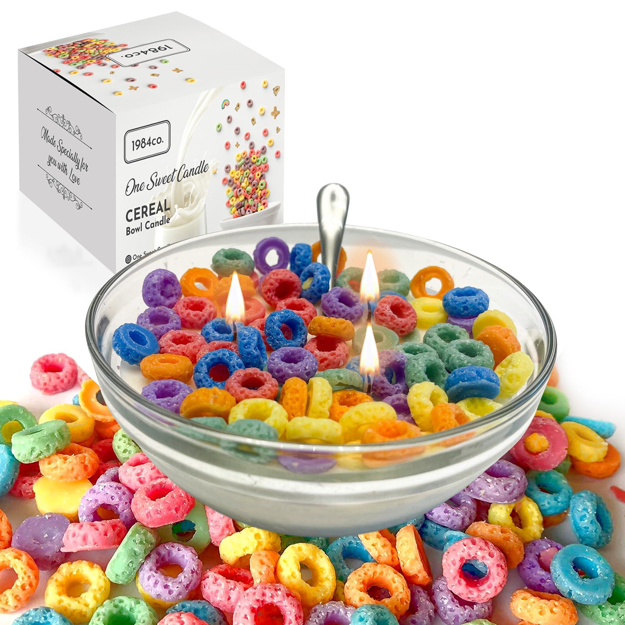 Fruit Loop Cereal Candle Bowl - Food Candles Aesthetic - Cool Candles Indie Kids-Cute Candles for Cool Gifts - 3 Wicks Cereal Candles Home Decor - Cereal Bowl Candle with Spoon