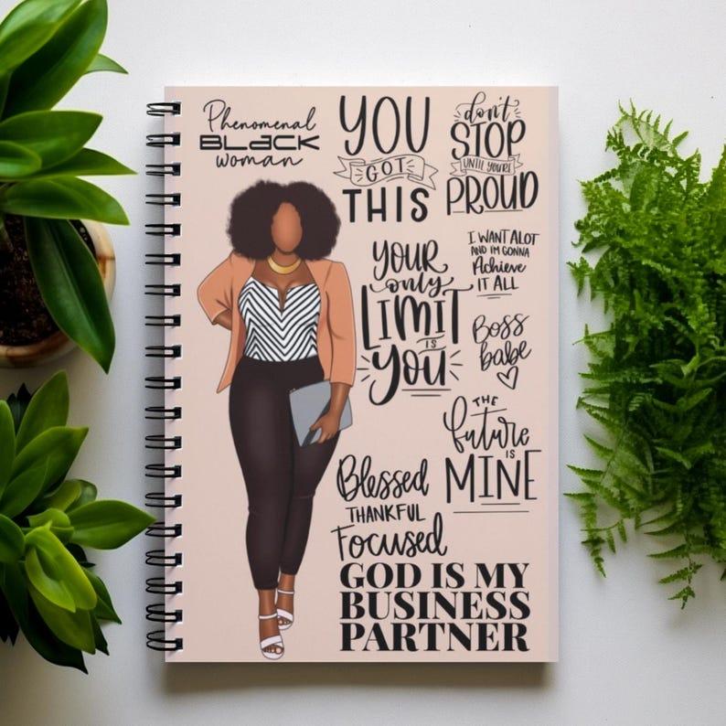 Afro Woman Manifest Spiral Journal, Gift for a Black Woman Owned, Small Business Owner Gift, Daily Affirmation, Journaling, Black Owned Shop