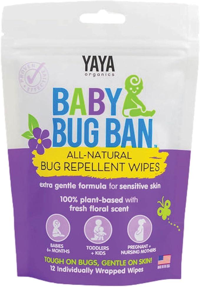YAYA ORGANICS Baby Bug BAN Insect Repellent Wipes – All-Natural, DEET-Free, Non-Toxic, for Babies, Kids, Pregnant and Nursing Moms and Sensitive Skin (12 Count, Pack of 1)