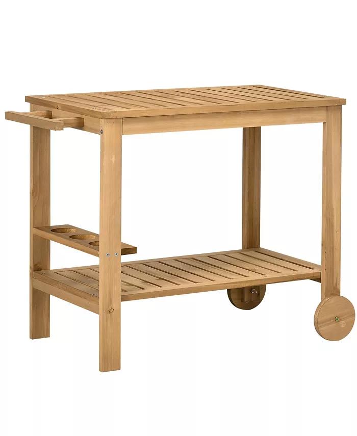 Outsunny Outdoor Bar Cart, Wood Rolling Home Bar & Serving Cart with 2 Shelves, Wine Bottle Holders for Garden, Dining Room, Natural