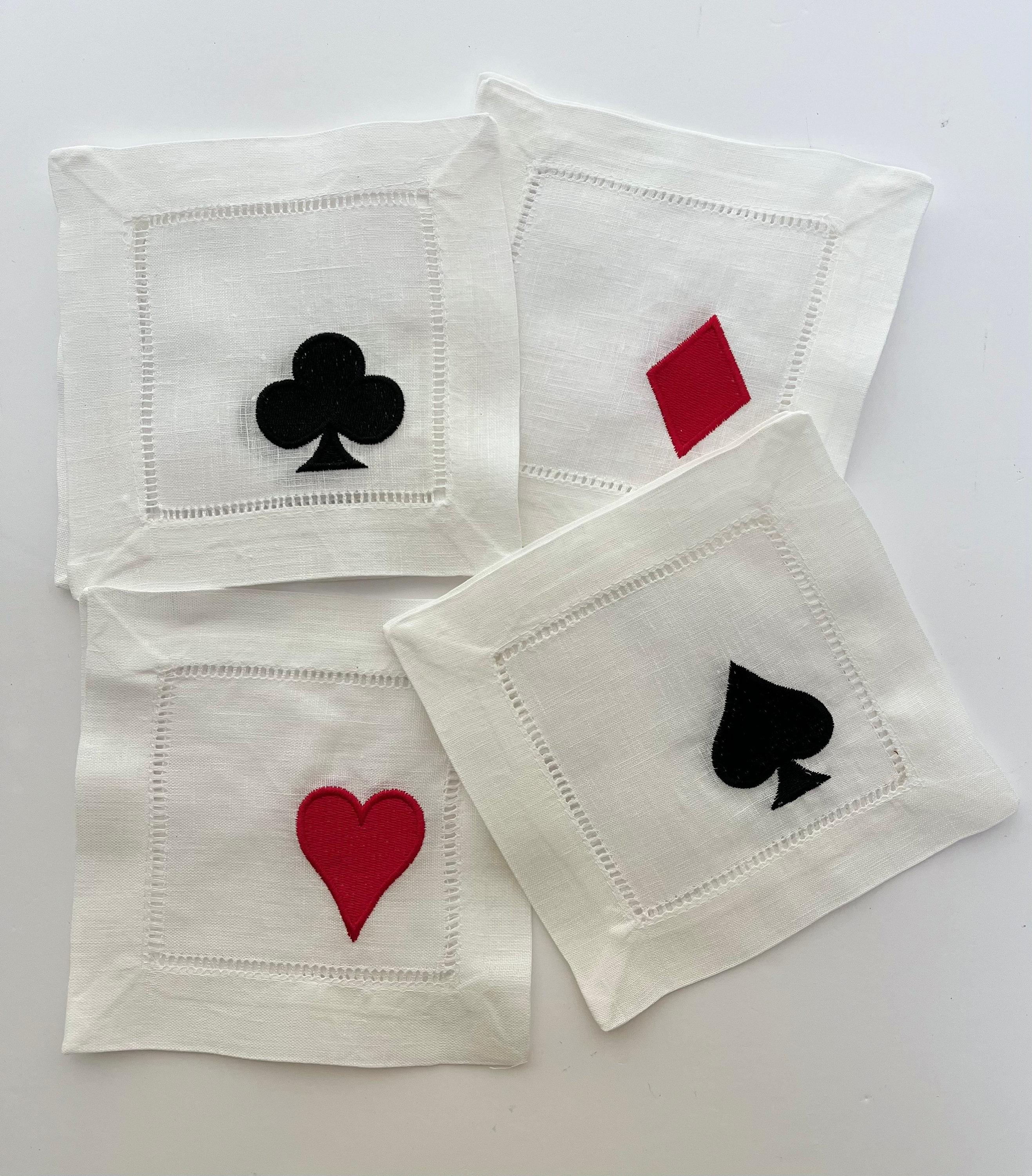 Bridge Card Game - Poker Napkins Set Of Four Linen Cocktail Napkins Embroidered With Heart Spade Club Diamond